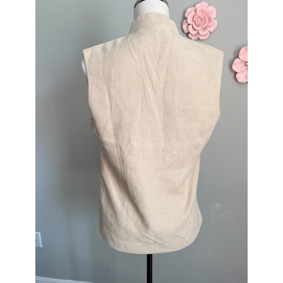 Womens Beige Mandarin Collar Sleeveless Vest Floral Embroidery Button Front - Picture 5 of 6